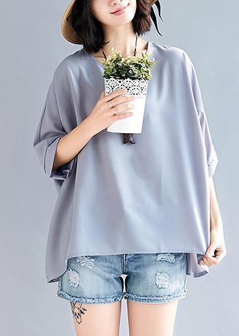 Mu O Neck Batwing Sleeve Chiffon for Outfits Gray Tops Summer