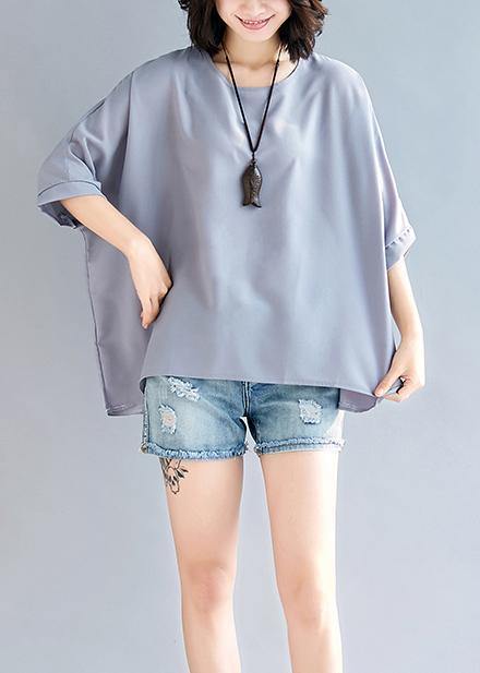 Mu O Neck Batwing Sleeve Chiffon for Outfits Gray Tops Summer