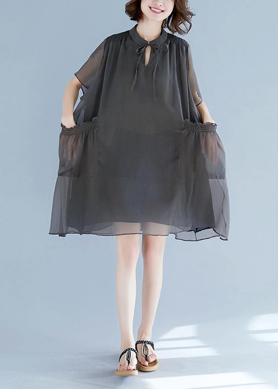 Mu Stand Collar Pockets Chiffon Shirts Khaki a Line Dress Summer