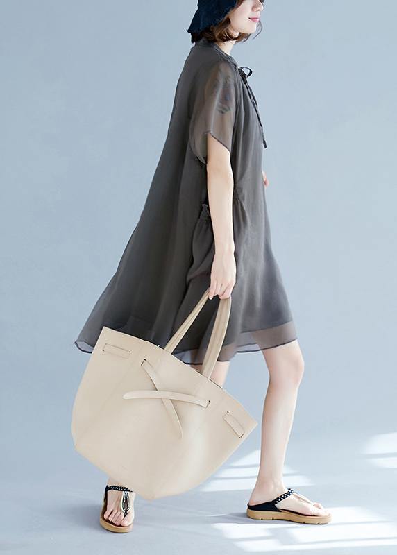 Mu Stand Collar Pockets Chiffon Shirts Khaki a Line Dress Summer