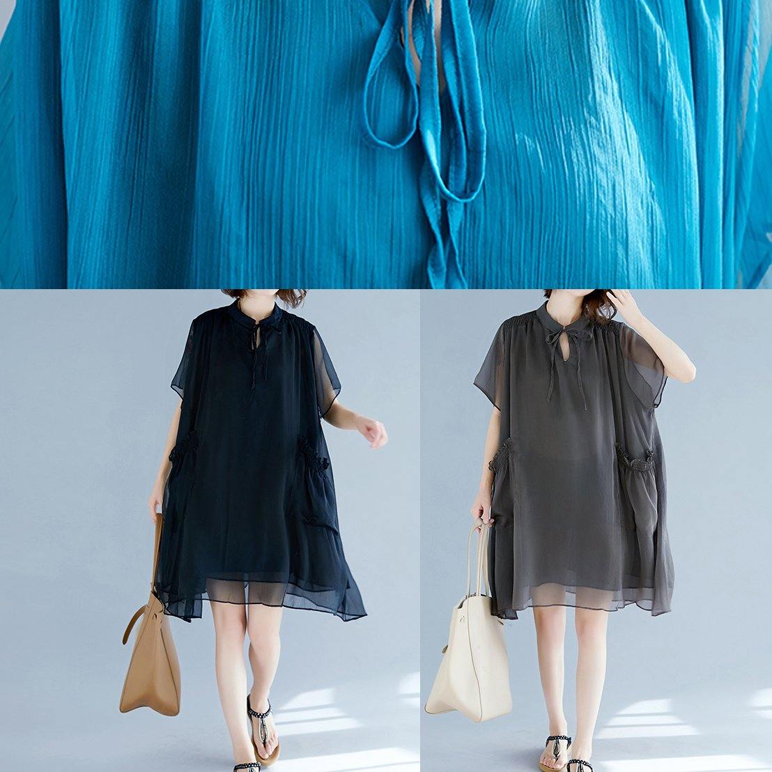 Mu Stand Collar Pockets Chiffon Shirts Khaki a Line Dress Summer
