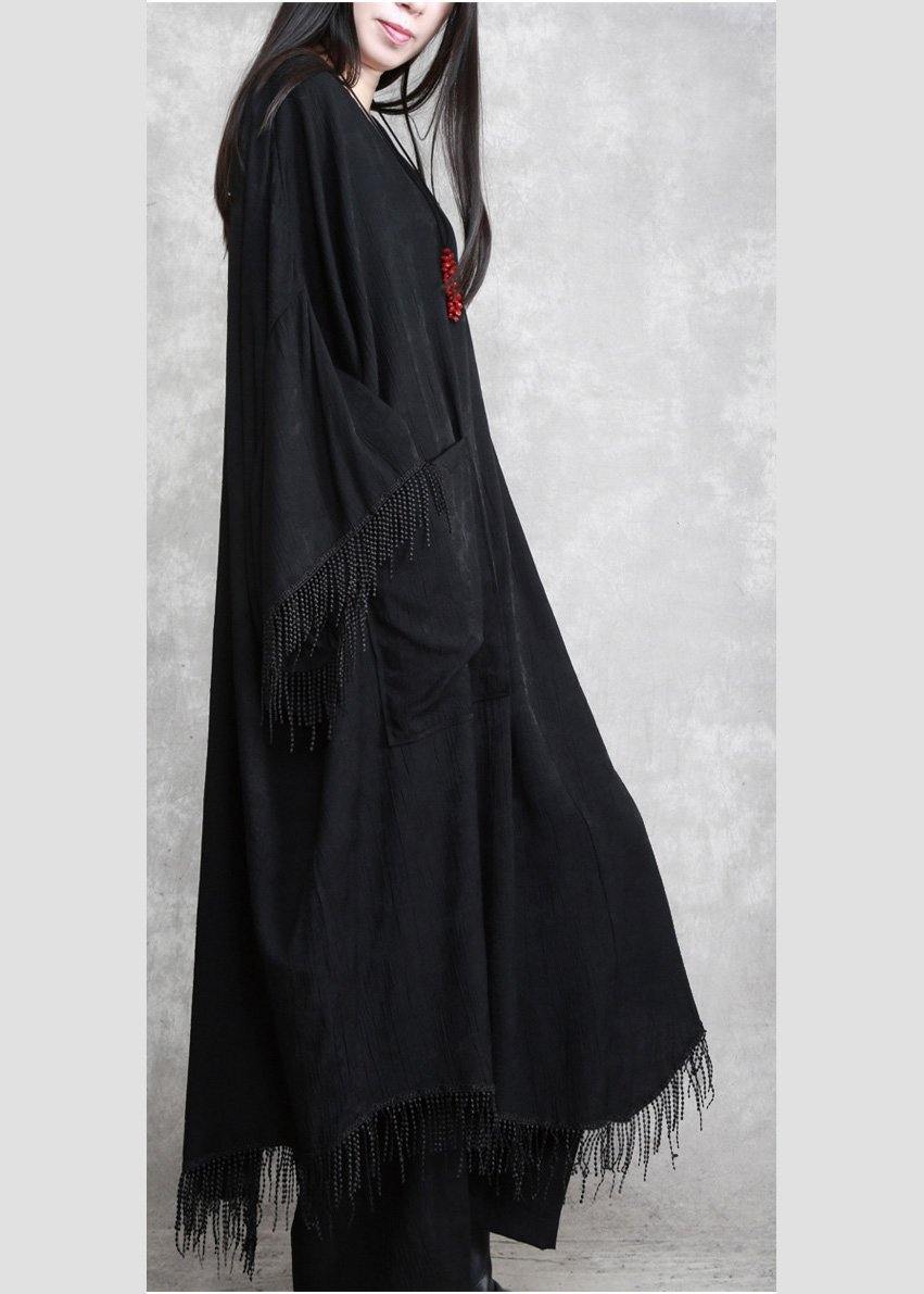 Black Tasseled Silk Linen Cape Dress Caftans Outfits