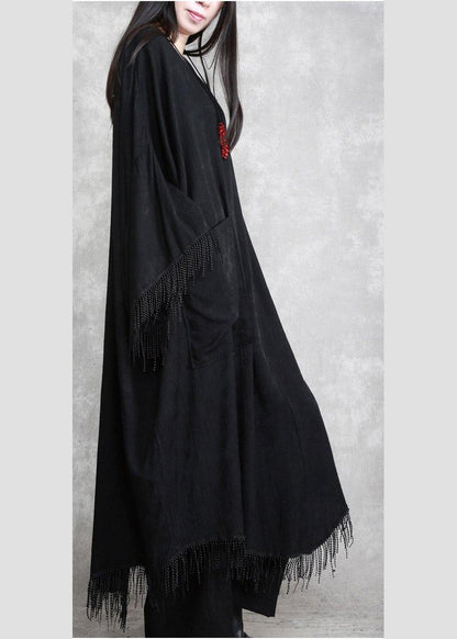 Black Tasseled Silk Linen Cape Dress Caftans Outfits