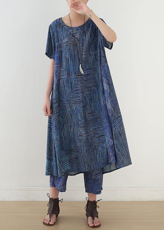 National Style Blue Two-piece Dress Summer New and Nine Pants Wide Leg Pants