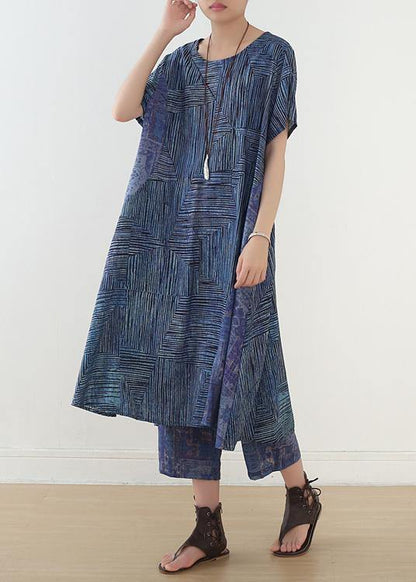 National Style Blue Two-piece Dress Summer New and Nine Pants Wide Leg Pants