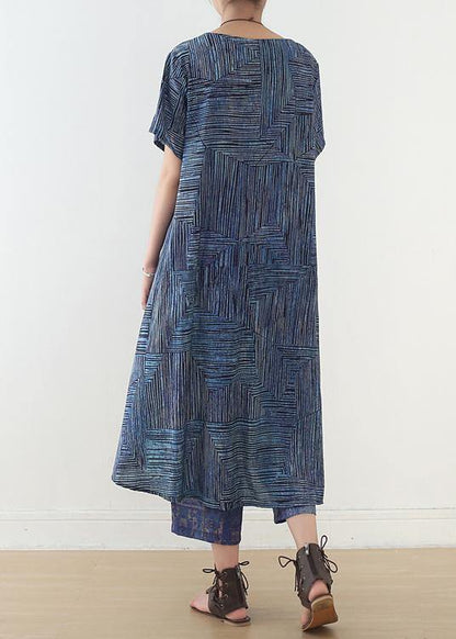 National Style Blue Two-piece Dress Summer New and Nine Pants Wide Leg Pants