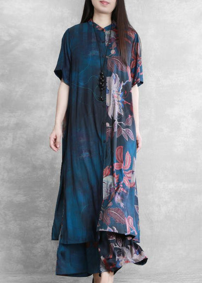 National Wind Blue Color Matching Suit Summer Five-point Sleeves Loose Two-piece Suit