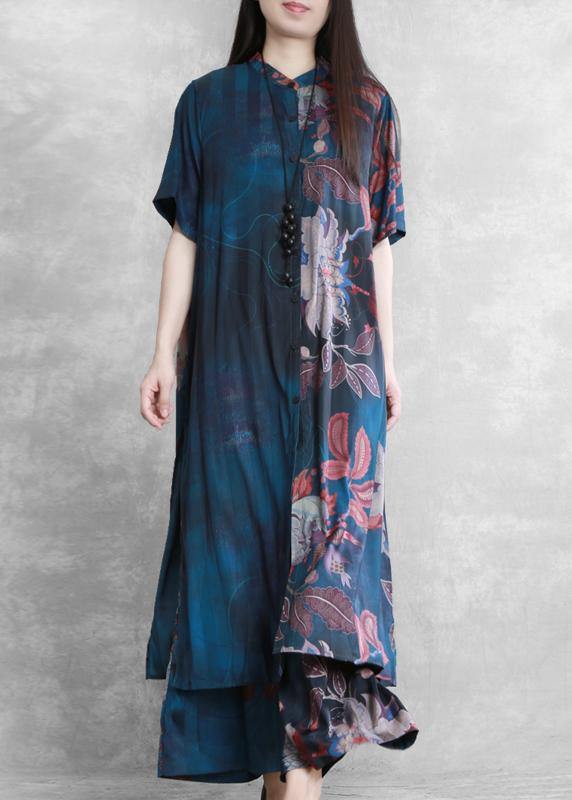 National Wind Blue Color Matching Suit Summer Five-point Sleeves Loose Two-piece Suit