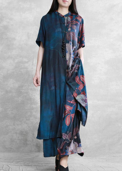National Wind Blue Color Matching Suit Summer Five-point Sleeves Loose Two-piece Suit