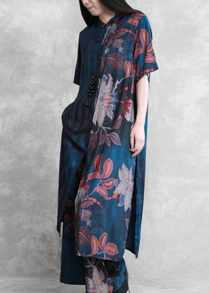 National Wind Blue Color Matching Suit Summer Five-point Sleeves Loose Two-piece Suit