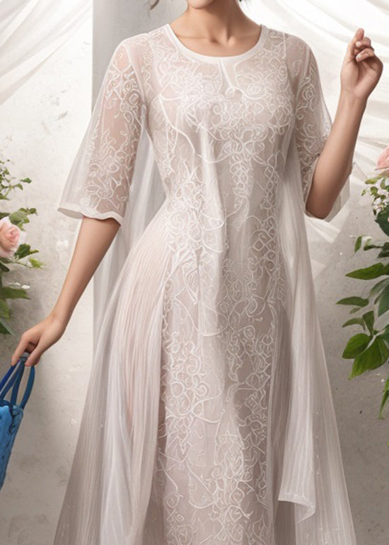 Natural Apricot O Neck Print Silk Long Dress Summer