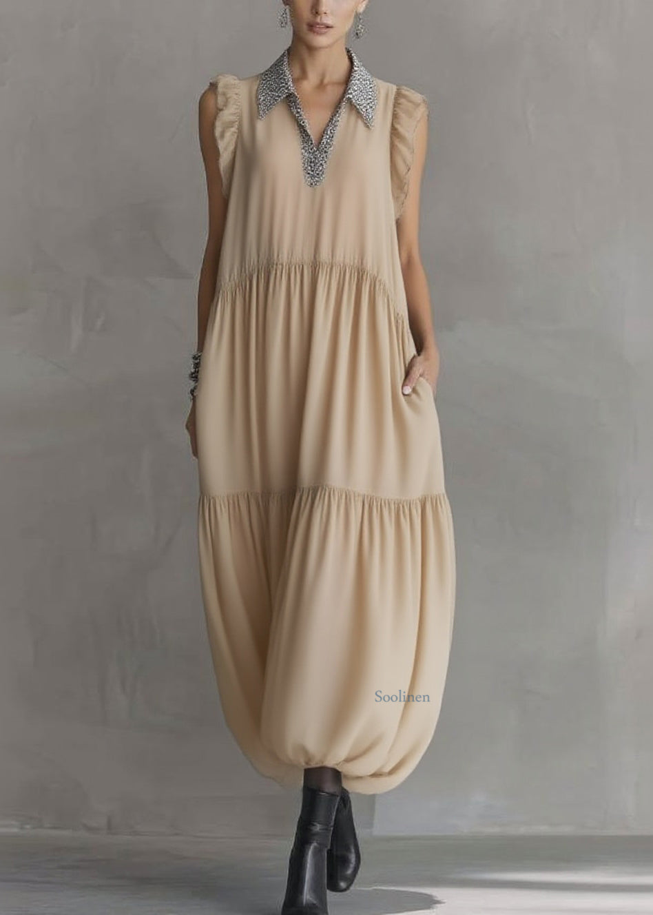 Natural Apricot Peter Pan Collar Ruffled Wrinkled Chiffon Maxi Dresses Summer