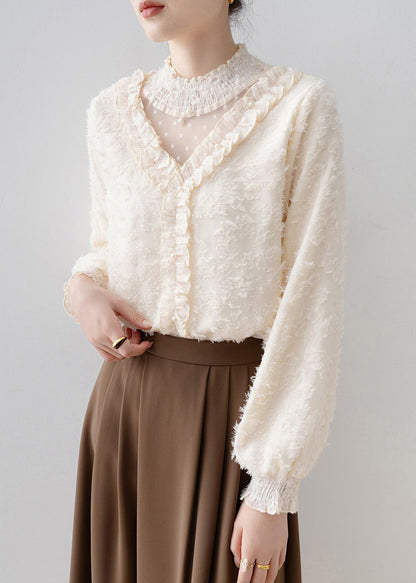 Natural Apricot Ruffled Patchwork Warm Fleece Blouse Tops Spring