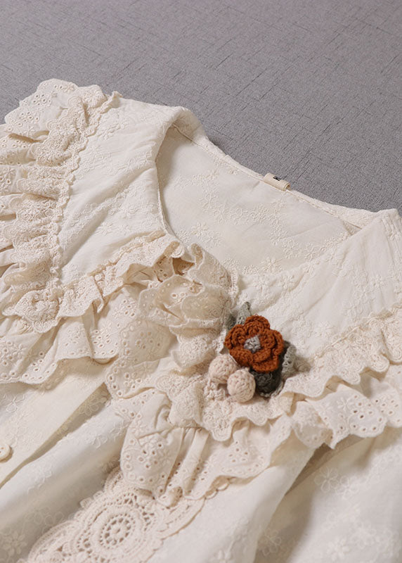 Natural Apricot Tasseled Drawstring Cotton Vacation Dresses Long Sleeve