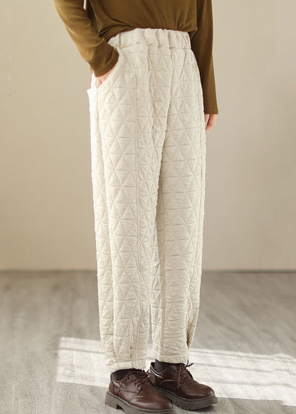 Natural Beige Elastic Waist Fleece Pants Winter