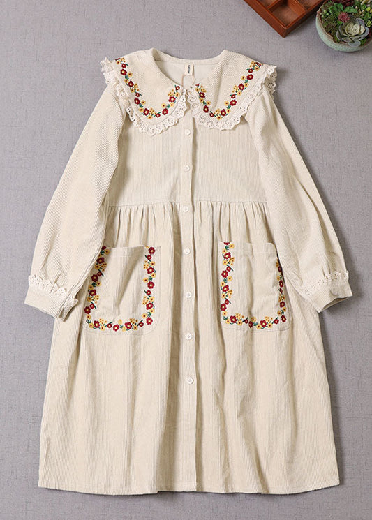 Natural Beige Embroideried Corduroy Winter Coat