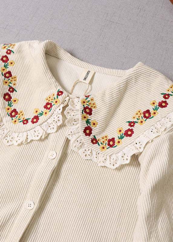 Natural Beige Embroideried Corduroy Winter Coat