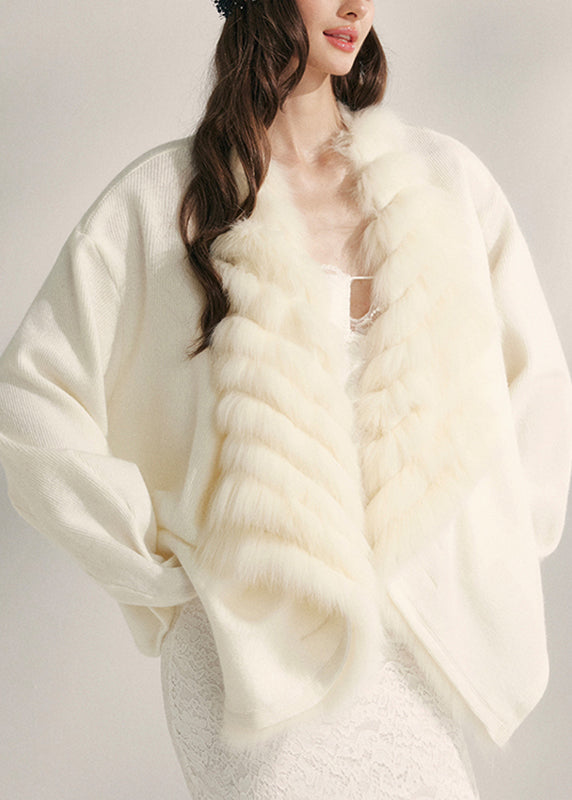 Natural Beige Fox Collar Patchwork Mink Hair Knitted Cardigans Spring