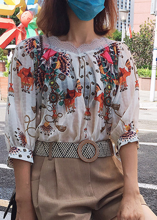 Natural Beige O-neck Print Silk Shirt Summer