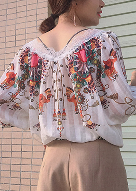 Natural Beige O-neck Print Silk Shirt Summer