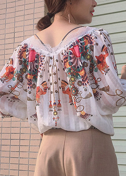 Natural Beige O-neck Print Silk Shirt Summer