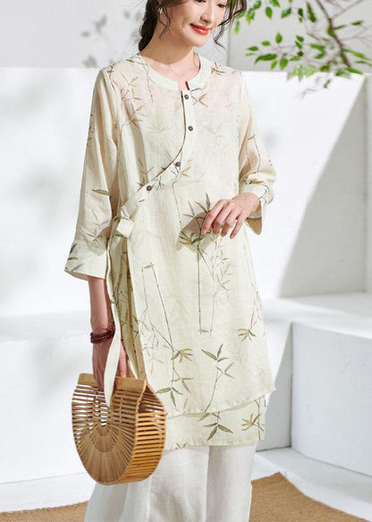 Natural Beige Print Button Summer Ramie Shirt Tops