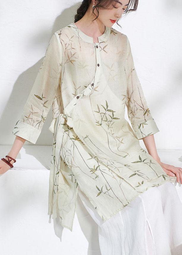 Natural Beige Print Button Summer Ramie Shirt Tops