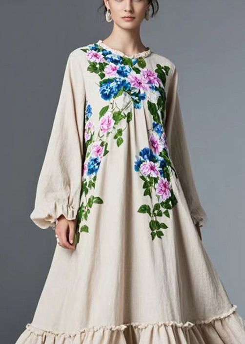Natural Beige Ruffled Exra Large Hem Cotton Maxi Dresses Spring