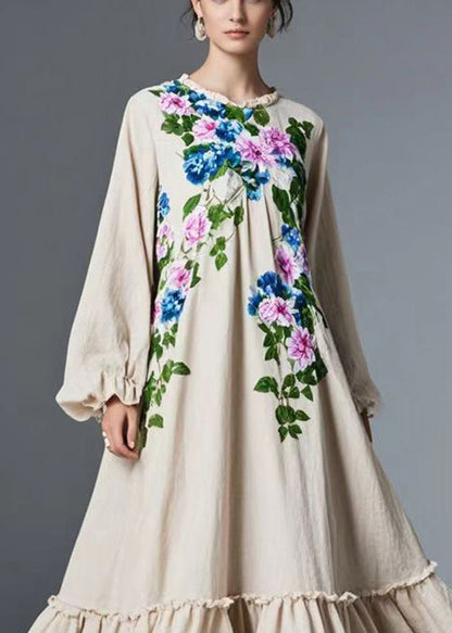 Natural Beige Ruffled Exra Large Hem Cotton Maxi Dresses Spring