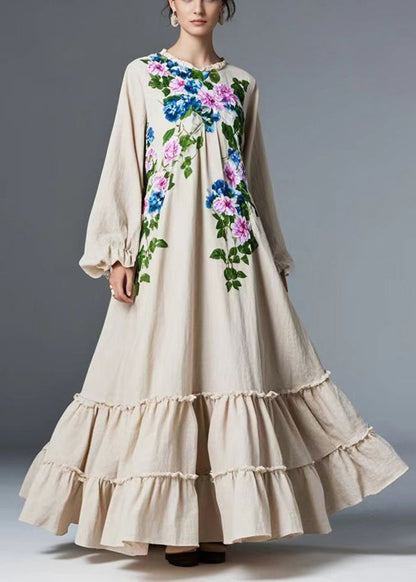 Natural Beige Ruffled Exra Large Hem Cotton Maxi Dresses Spring