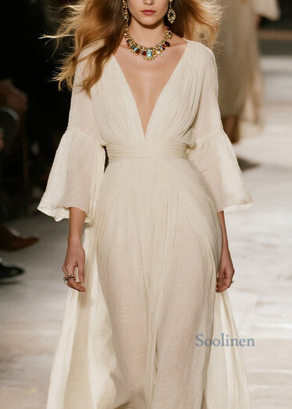 Natural Beige V Neck Patchwork Cotton Maxi Dresses Spring