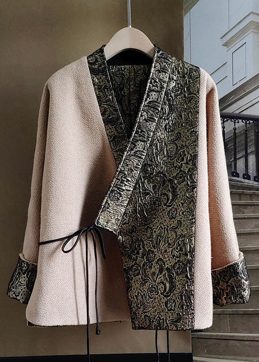 Natural Beige V Neck Wear on Both Sides Patchwork Wool Outwear Spring