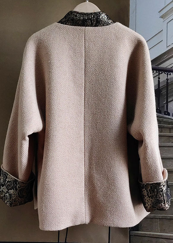 Natural Beige V Neck Wear on Both Sides Patchwork Wool Outwear Spring