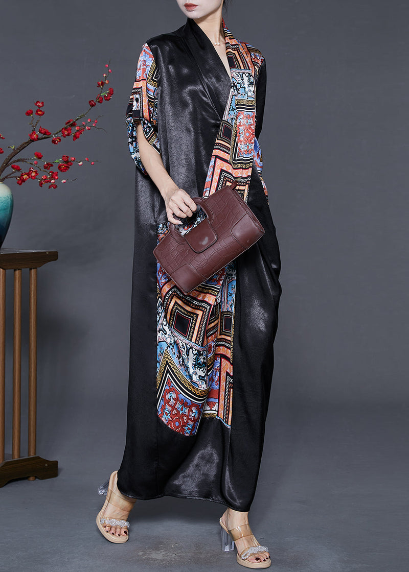 Natural Black Asymmetrical Print Silk Dress Spring