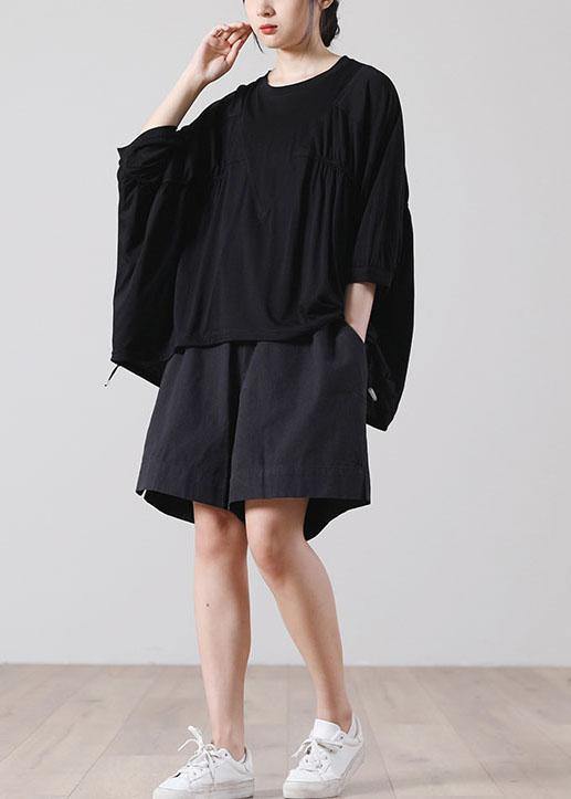 Natural Black Batwing Sleeve Cotton Summer Short Sleeve Tops