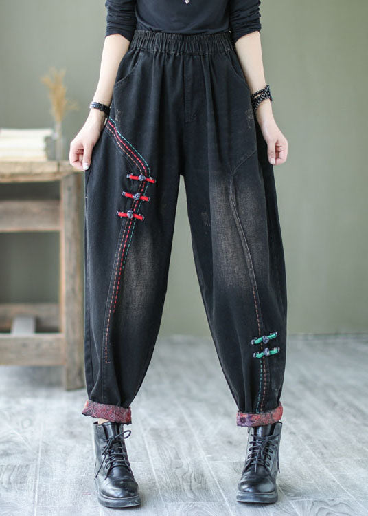 Natural Black Button Denim Harem Pants Spring