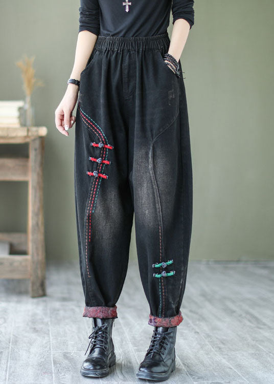 Natural Black Button Denim Harem Pants Spring