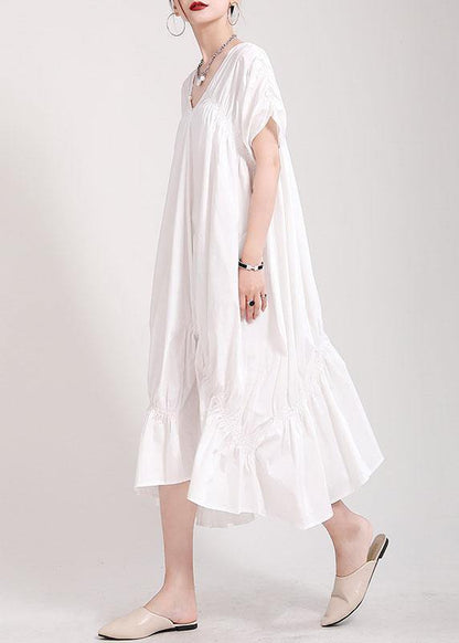 Natural Black Cotton V Neck Asymmetrical Design Summer Vacation Dress Short Sleeve