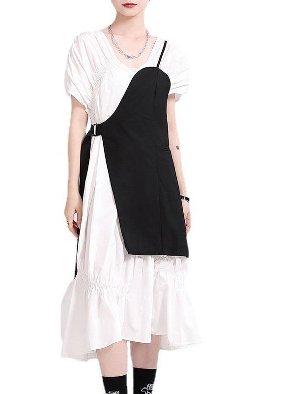 Natural Black Cotton V Neck Asymmetrical Design Summer Vacation Dress Short Sleeve