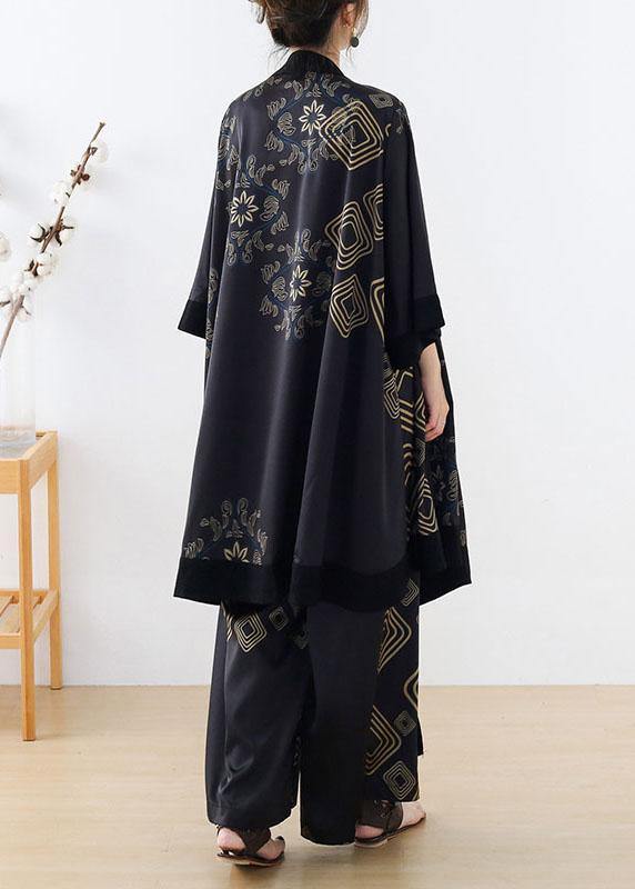 Natural Black Geometric Tie Waist Top Wide Leg Two Piece Suit Set