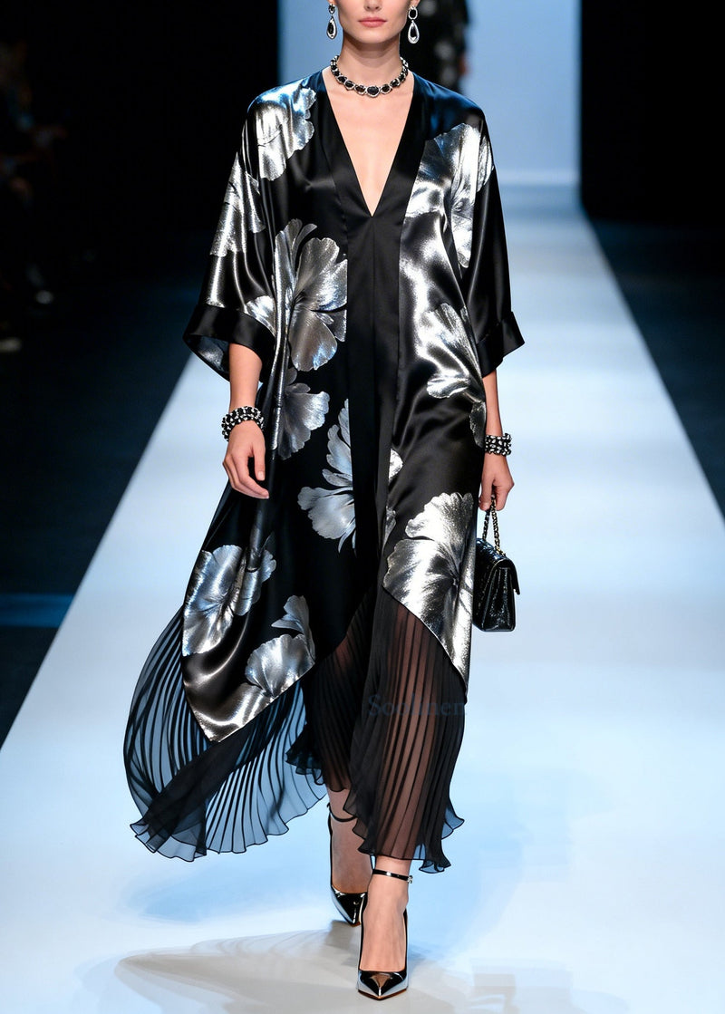 Natural Black Jacquard Patchwork Chiffon Maxi Dresses Summer
