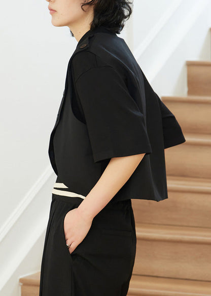 Natural Black O-neck Asymmetrical Patchwork Waistcoat Sleeveless