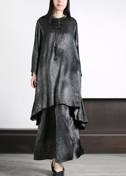 Natural Black O-neck Draping Silk Long Top and Wide Leg Pants Two Piece Set Long Sleeve