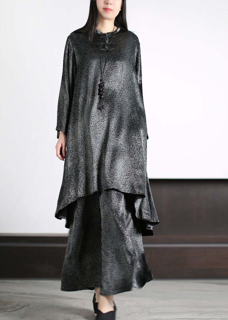Natural Black O-neck Draping Silk Long Top and Wide Leg Pants Two Piece Set Long Sleeve
