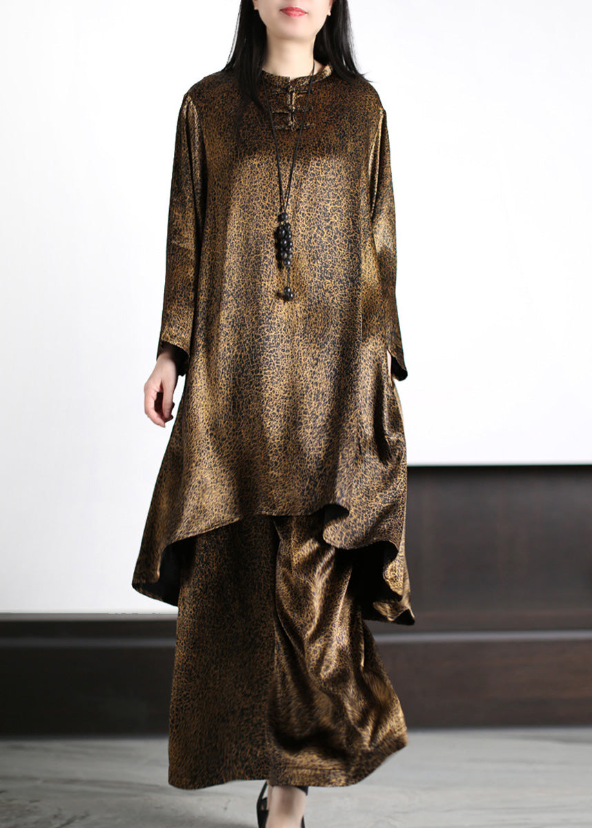 Natural Black O-neck Draping Silk Long Top and Wide Leg Pants Two Piece Set Long Sleeve