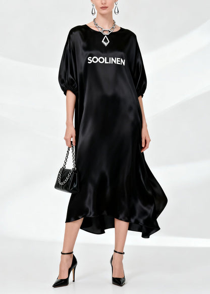 Natural Black O-neck Draping Silk Maxi Dress Summer
