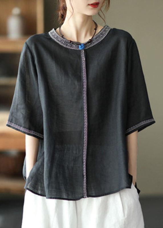 Natural Yellow Flowers O-neck Embroidered Summer Ramie Blouses Half Sleeve