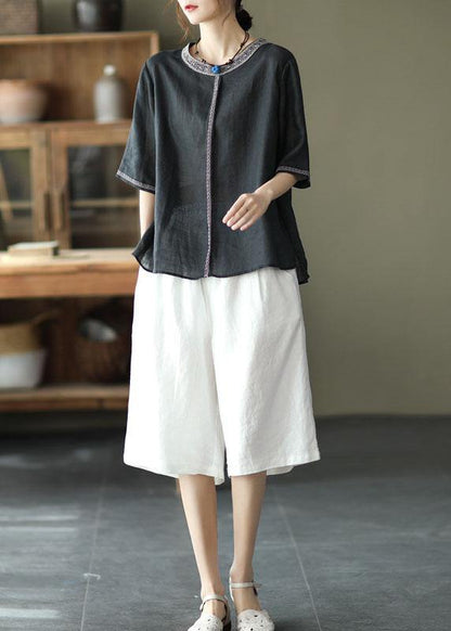 Natural Black Texture O-neck Embroidered Summer Ramie Blouses Half Sleeve