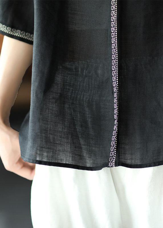 Natural Black Texture O-neck Embroidered Summer Ramie Blouses Half Sleeve