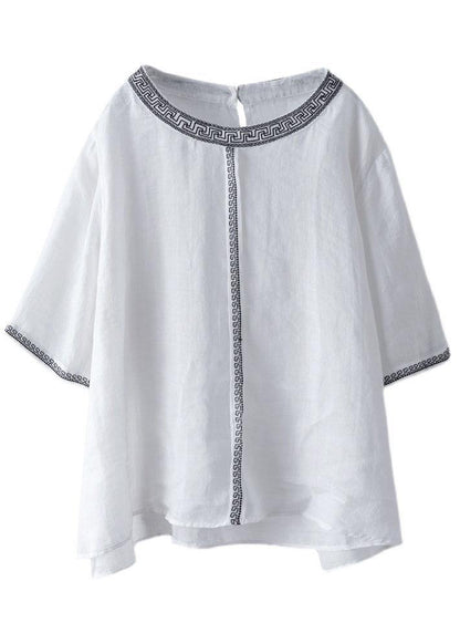 Natural Black Texture O-neck Embroidered Summer Ramie Blouses Half Sleeve